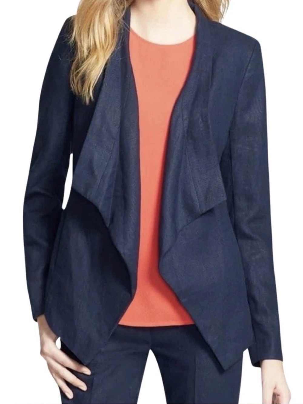 Michael Kors Navy Draped Open-Front Blazer Linen